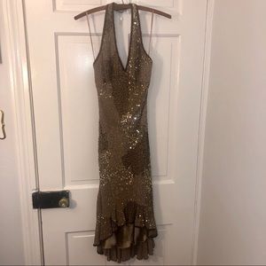 Gold and brown beaded high low dress.